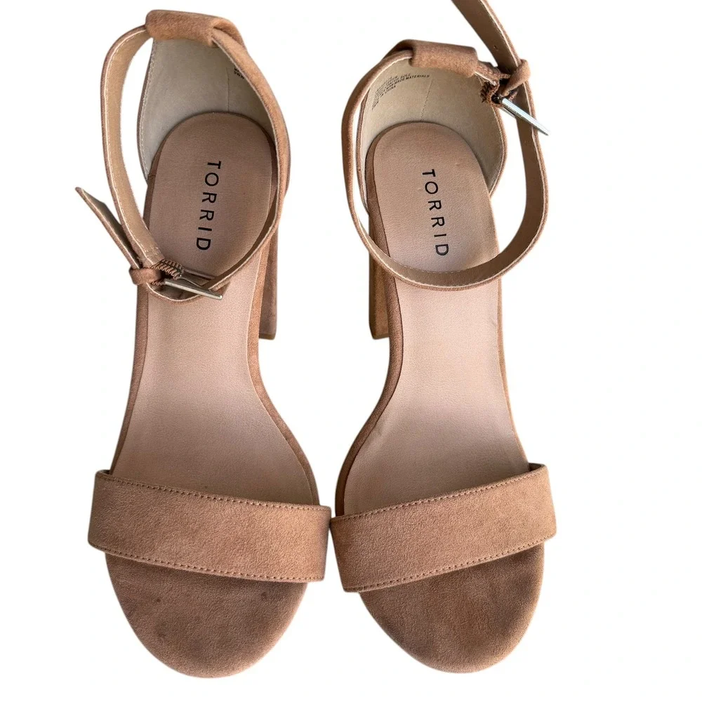 Torrid Women 9WW Camel Brown Faux Suede Two Strap Tapered Heel Sandal Minimalist